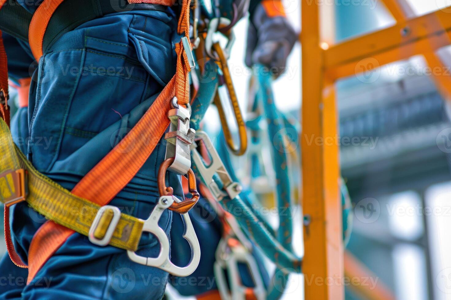 Close up of a person wearing safety harnesses photo