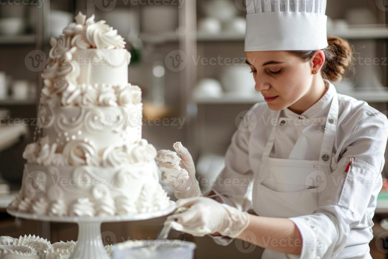 A woman in a chef hat is decorating a cake photo