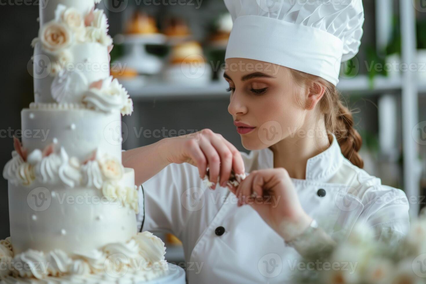 A woman in a chef hat decorating a cake photo