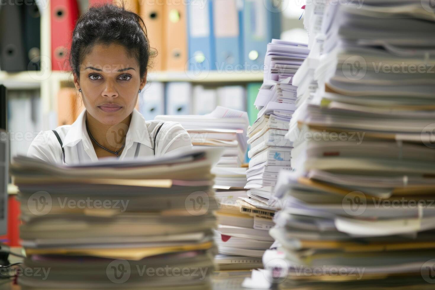 A woman sitting at a desk with stacks of papers photo