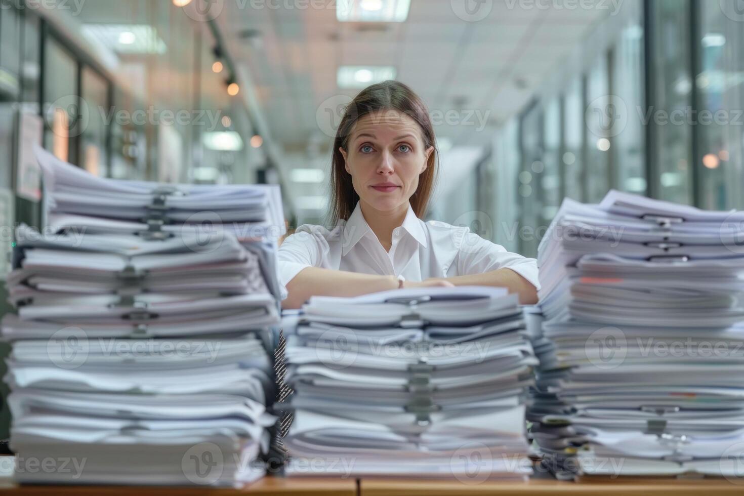 A woman is sitting in front of a pile of papers photo