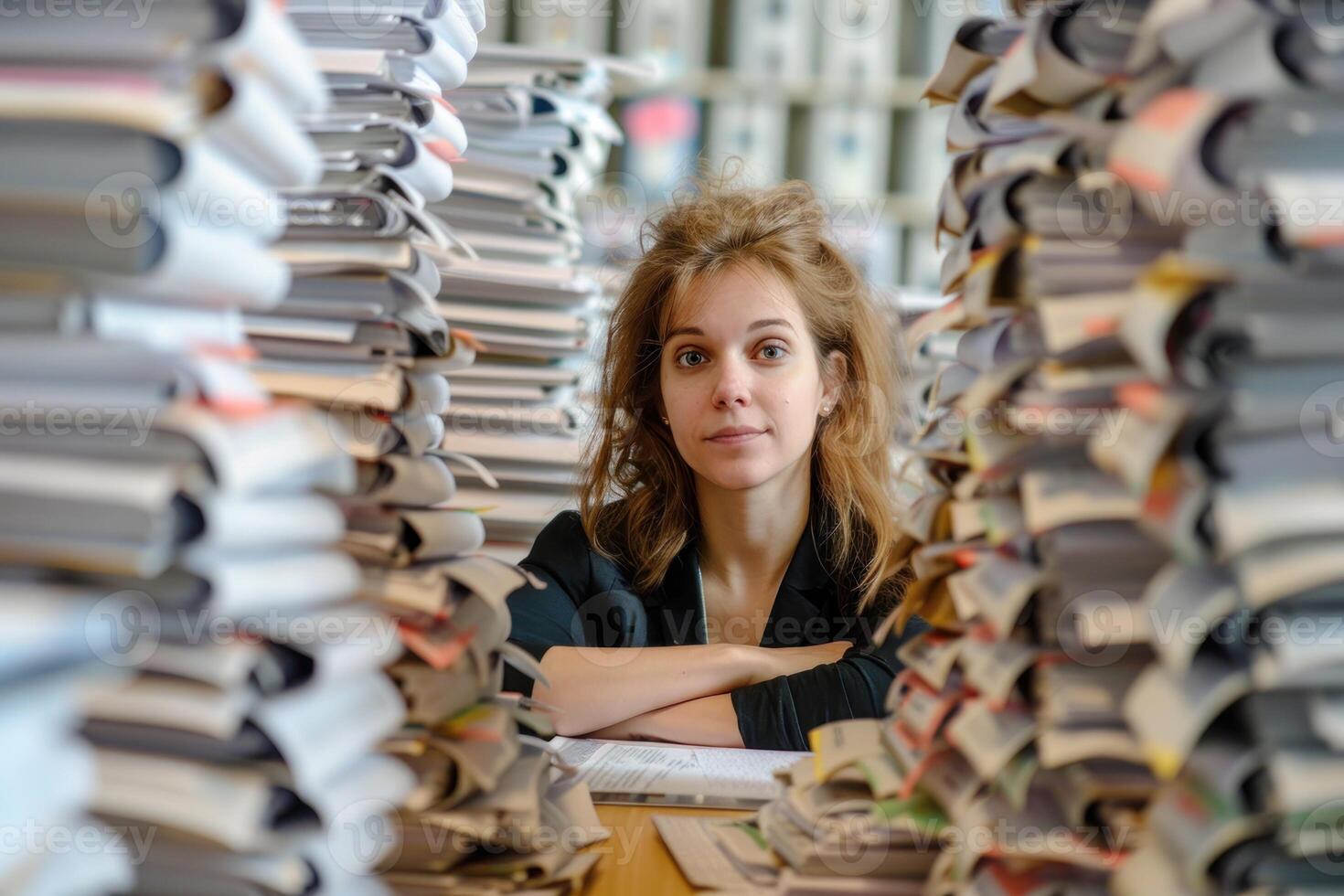 A woman sitting in front of a pile of papers photo