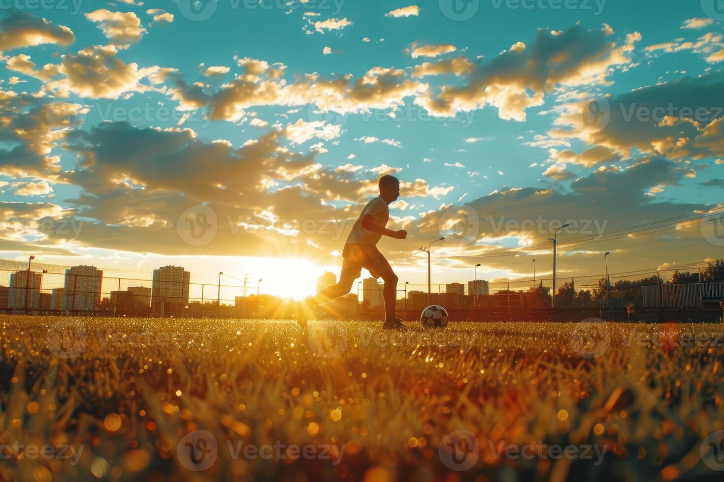 A person playing soccer on a field at sunset photo