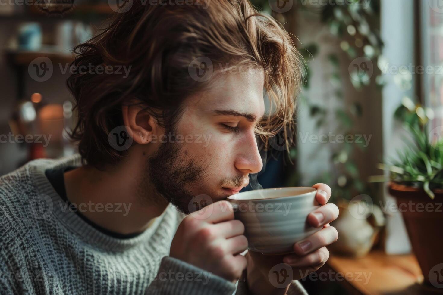 A man drinking coffee in front of a window photo