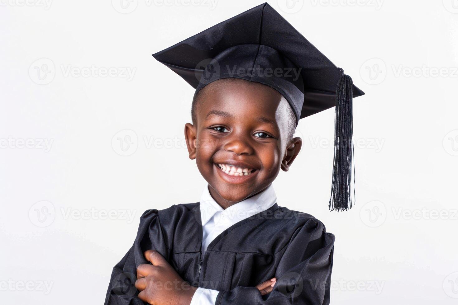 A smiling black child wearing a graduation gown photo