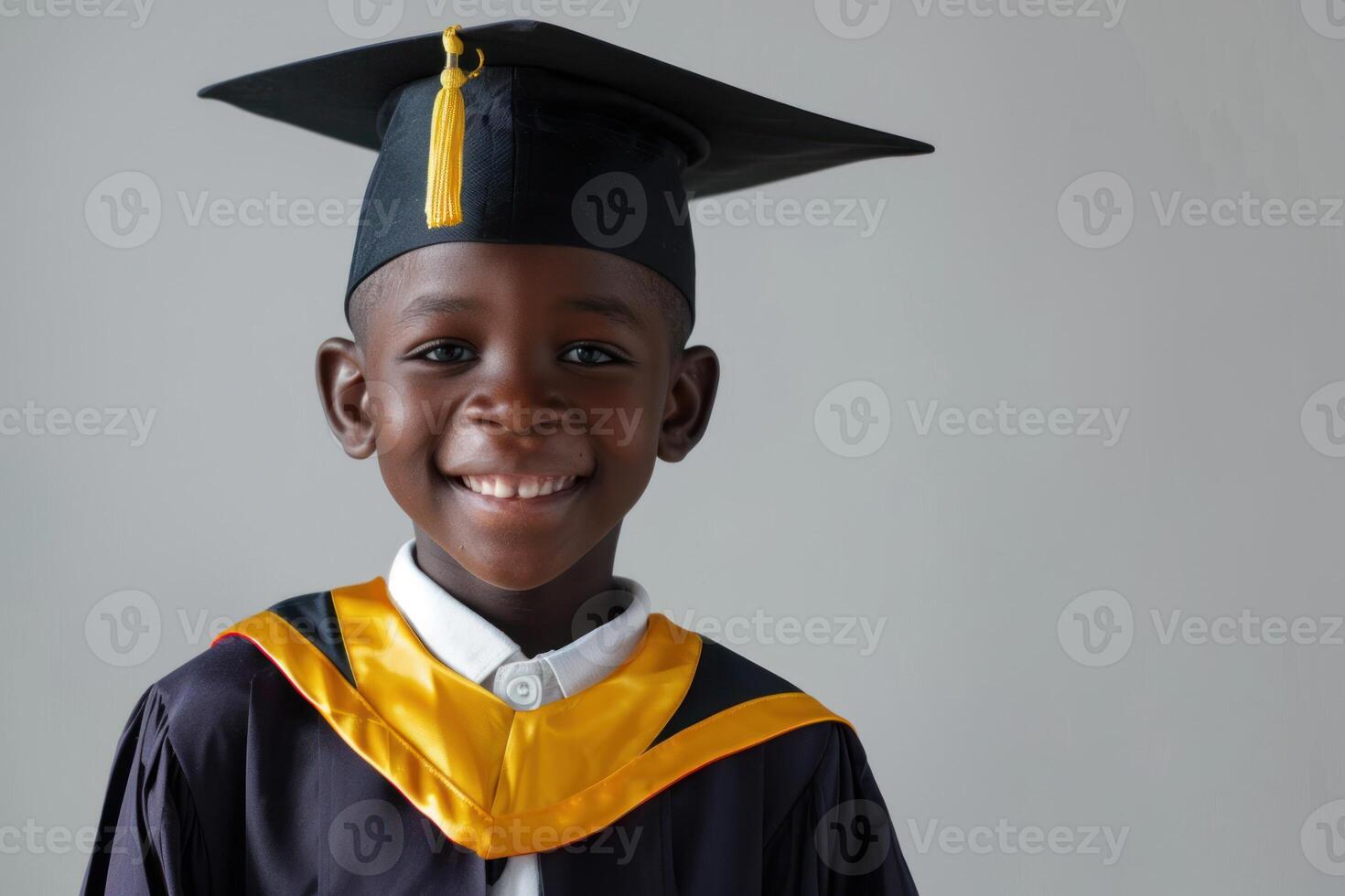 A young black boy in a graduation gown and cap photo