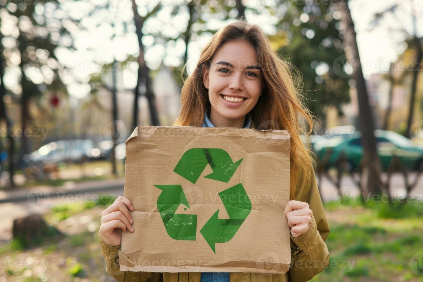 A woman holding up a paper bag with a recycling symbol photo