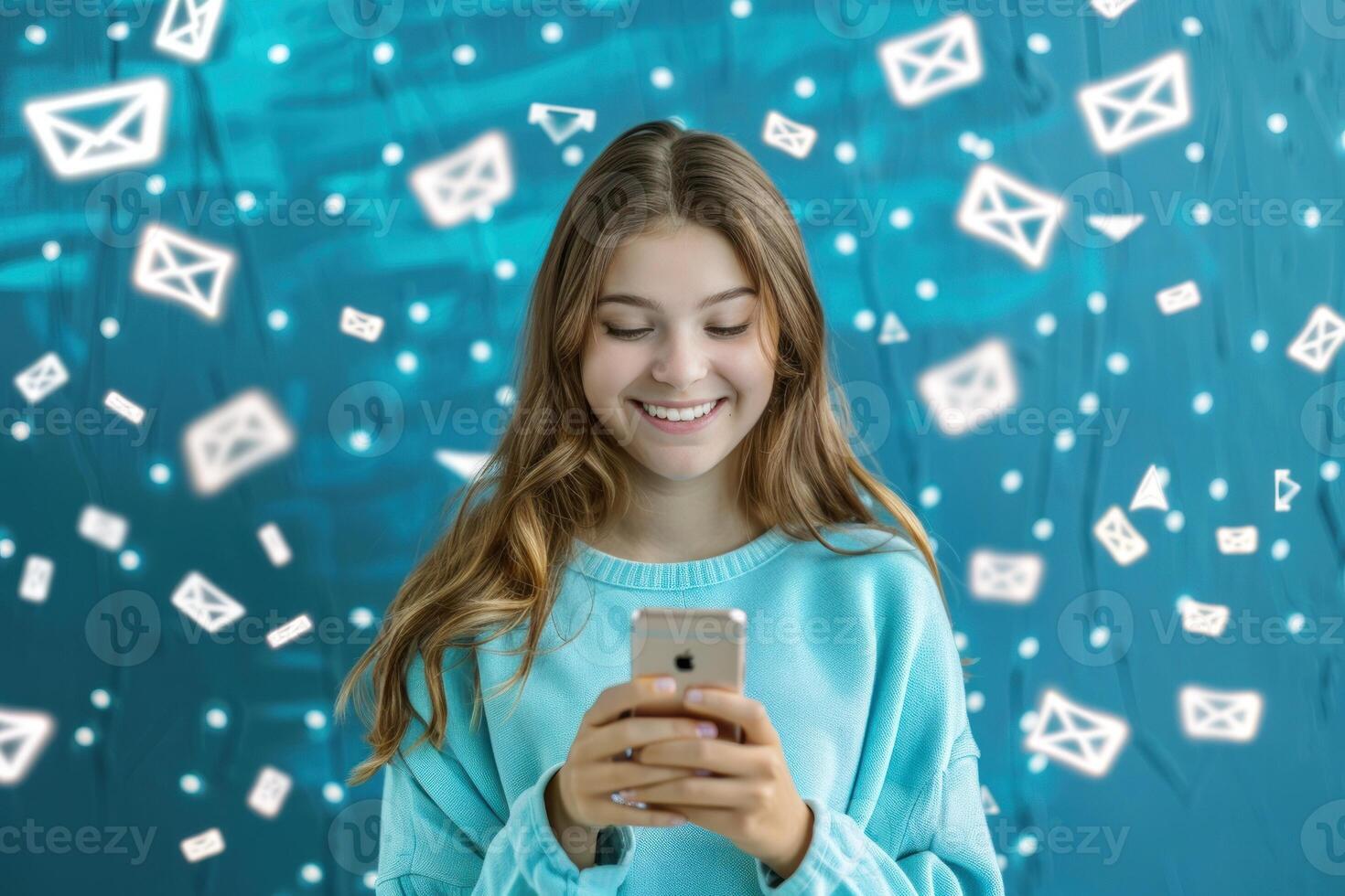 A woman is holding a phone and smiling while looking at the screen photo
