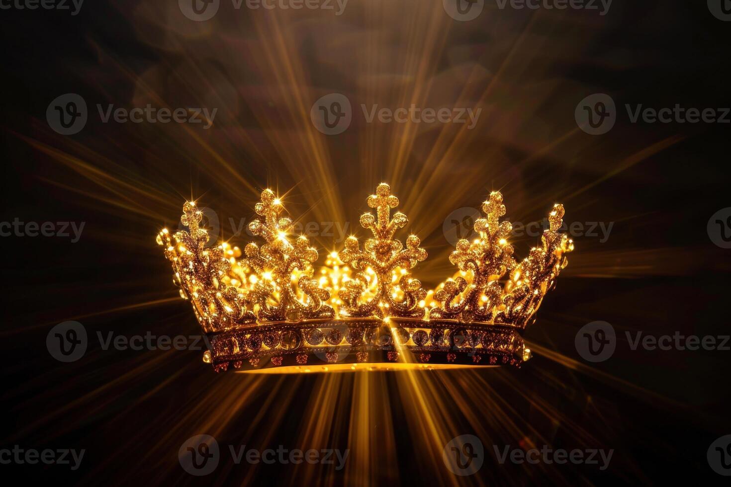 Golden crown on black background with light beams photo