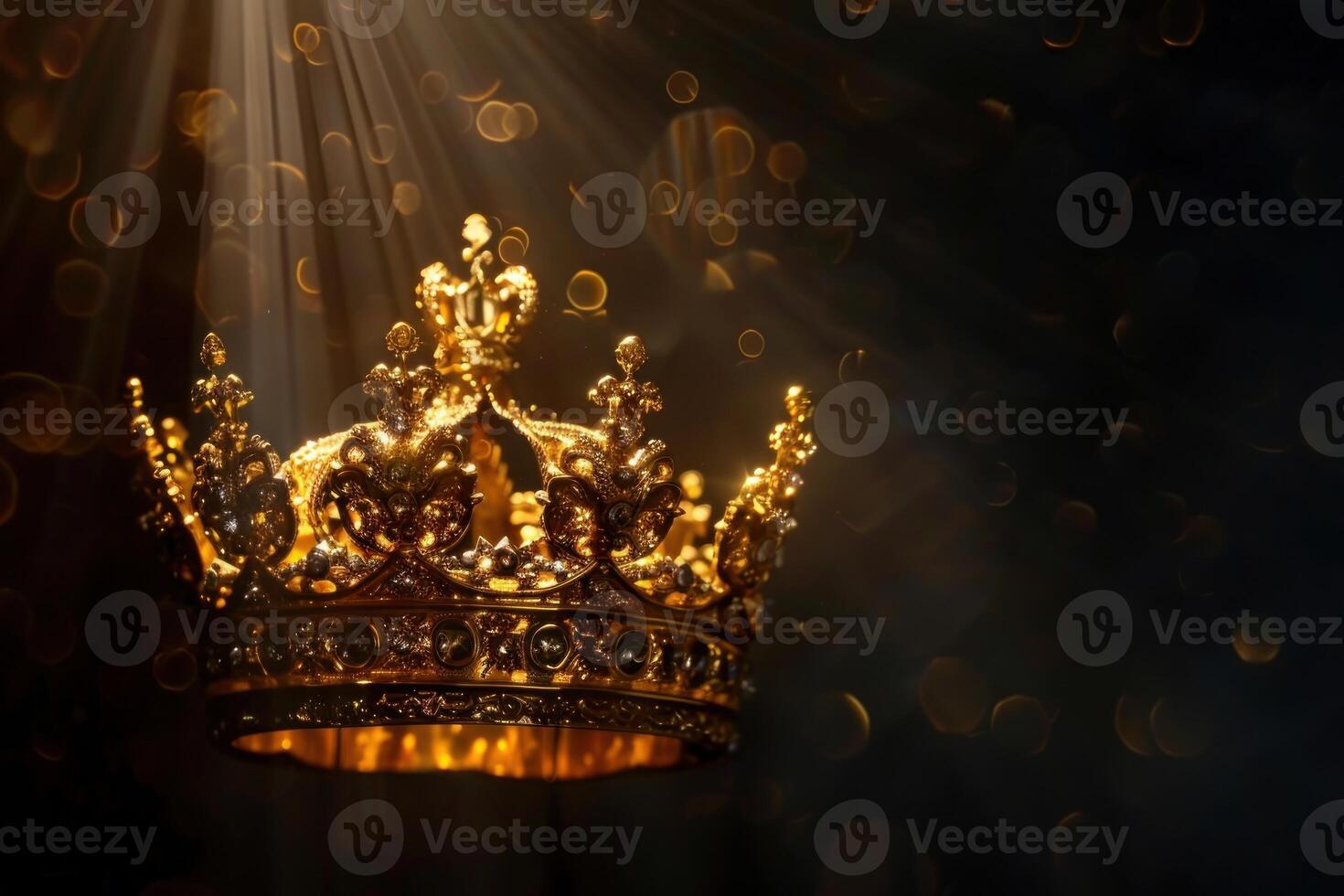 Golden crown on dark background with bokeh effect photo
