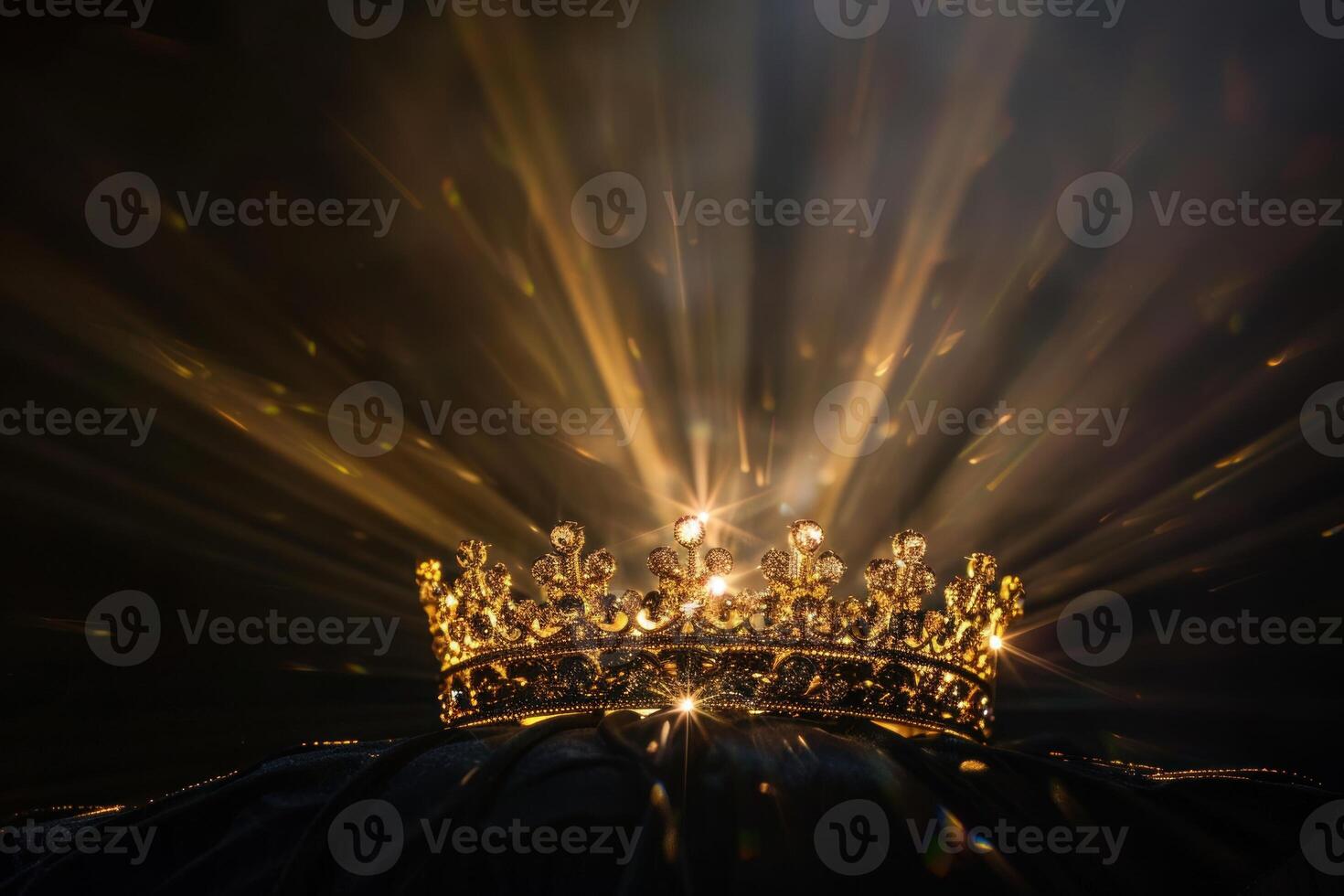 Golden crown on black background with light shining through photo