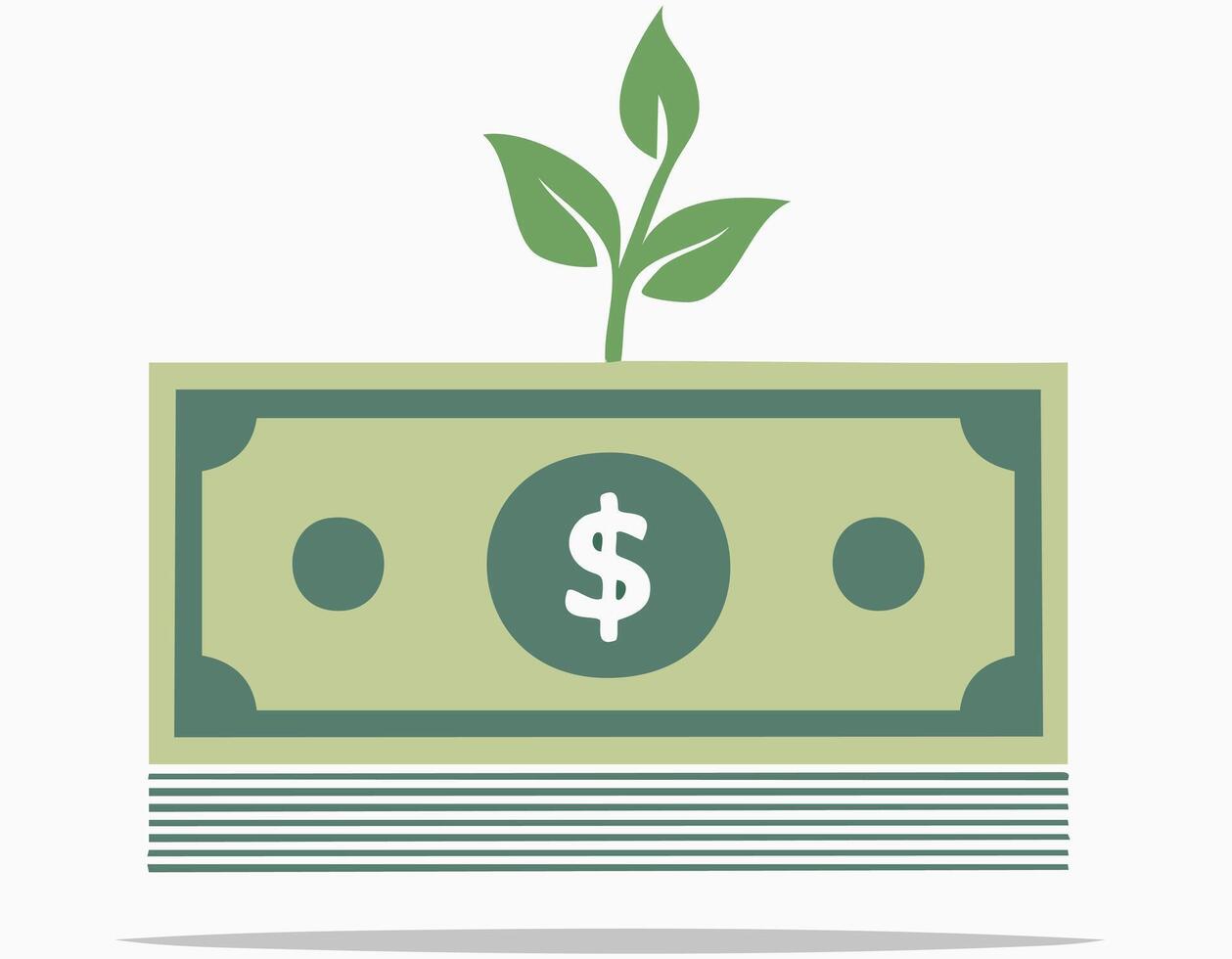 A simple image of a green plant sprouting from a horizontal banknote on a white background representing financial growth and sustainability. vector