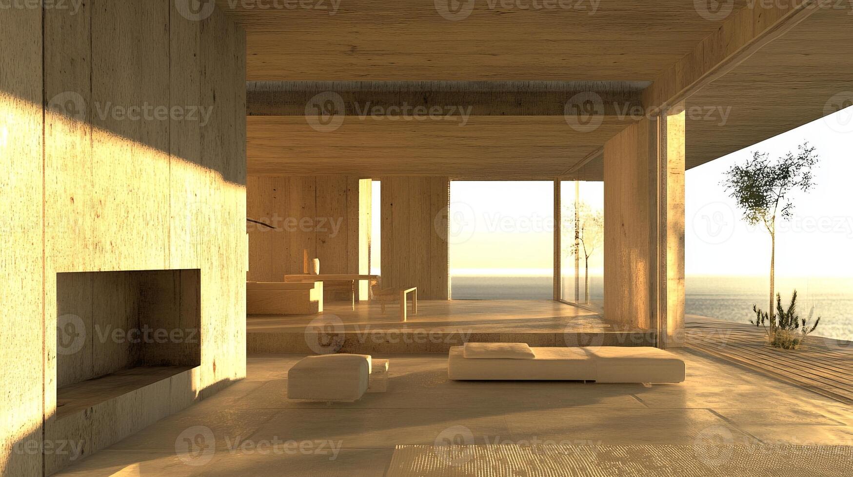 Open-concept modern interior flooded with sunlight, ocean view, minimalist decor, concrete and wood photo