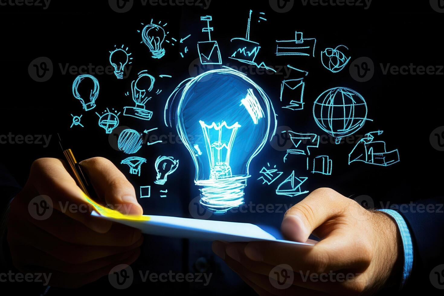 A man is holding a piece of paper with a light bulb and icons photo