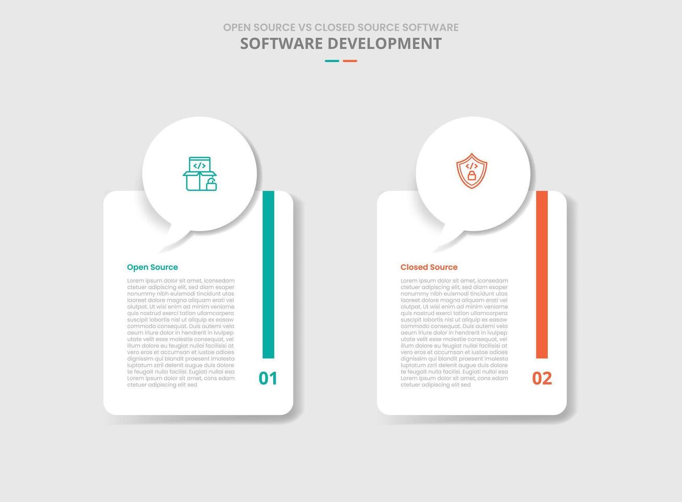 open source vs closed source software comparison for infographic with drop shadow style with callout discussion box on top of round vertical box two point list information vector