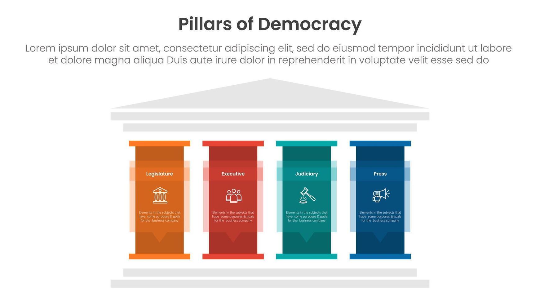 4 pillars democracy infographic template banner with big pillar with text description for slide presentation vector