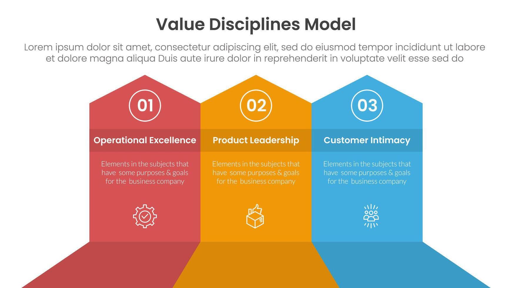 value discipline model business framework infographic 3 point with big shape arrow header top direction for slide presentation vector