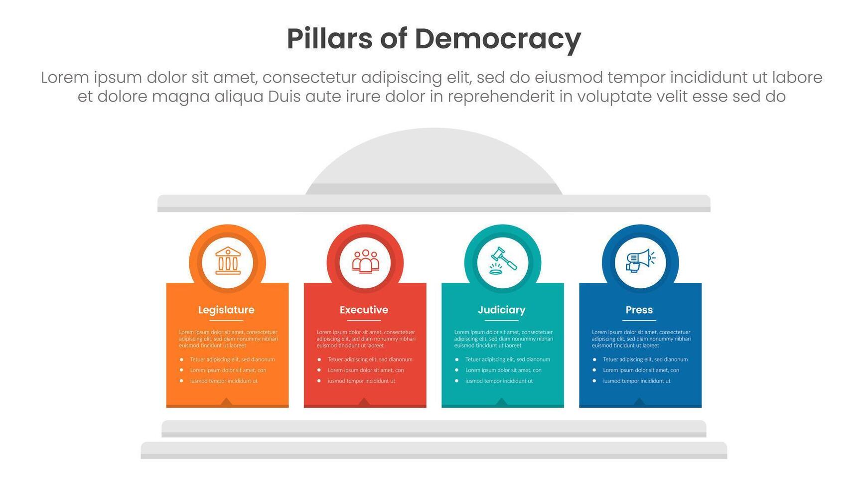 4 pillars democracy infographic template banner with creative block pillar and circle badge outline for slide presentation vector
