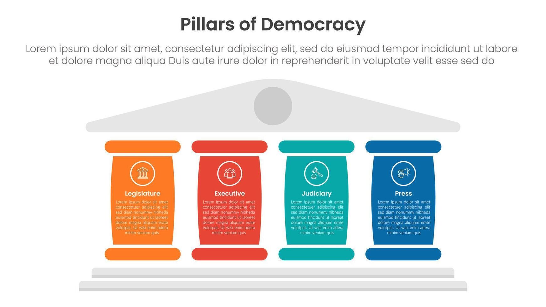 4 pillars democracy infographic template banner with big column for description for slide presentation vector