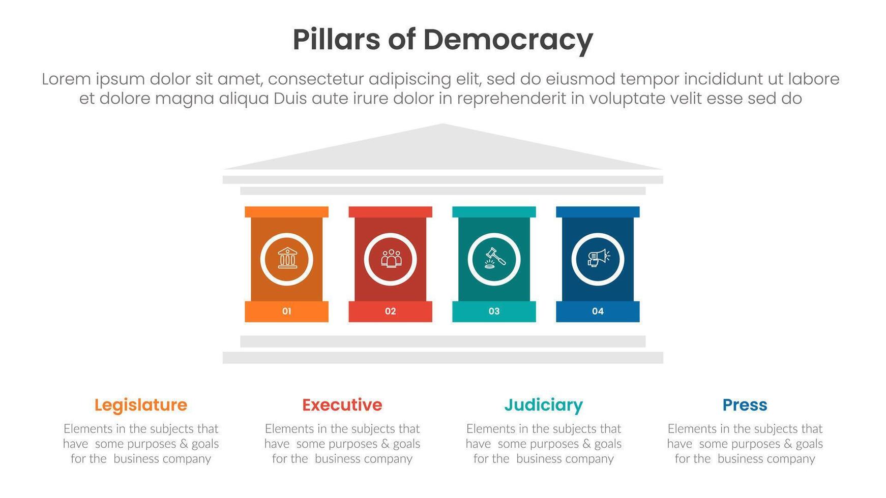 4 pillars democracy infographic template banner with strong pillar building on center for slide presentation vector