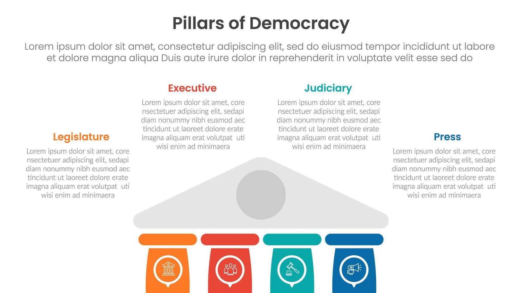 4 pillars democracy infographic template banner with half bottom building on center for slide presentation vector