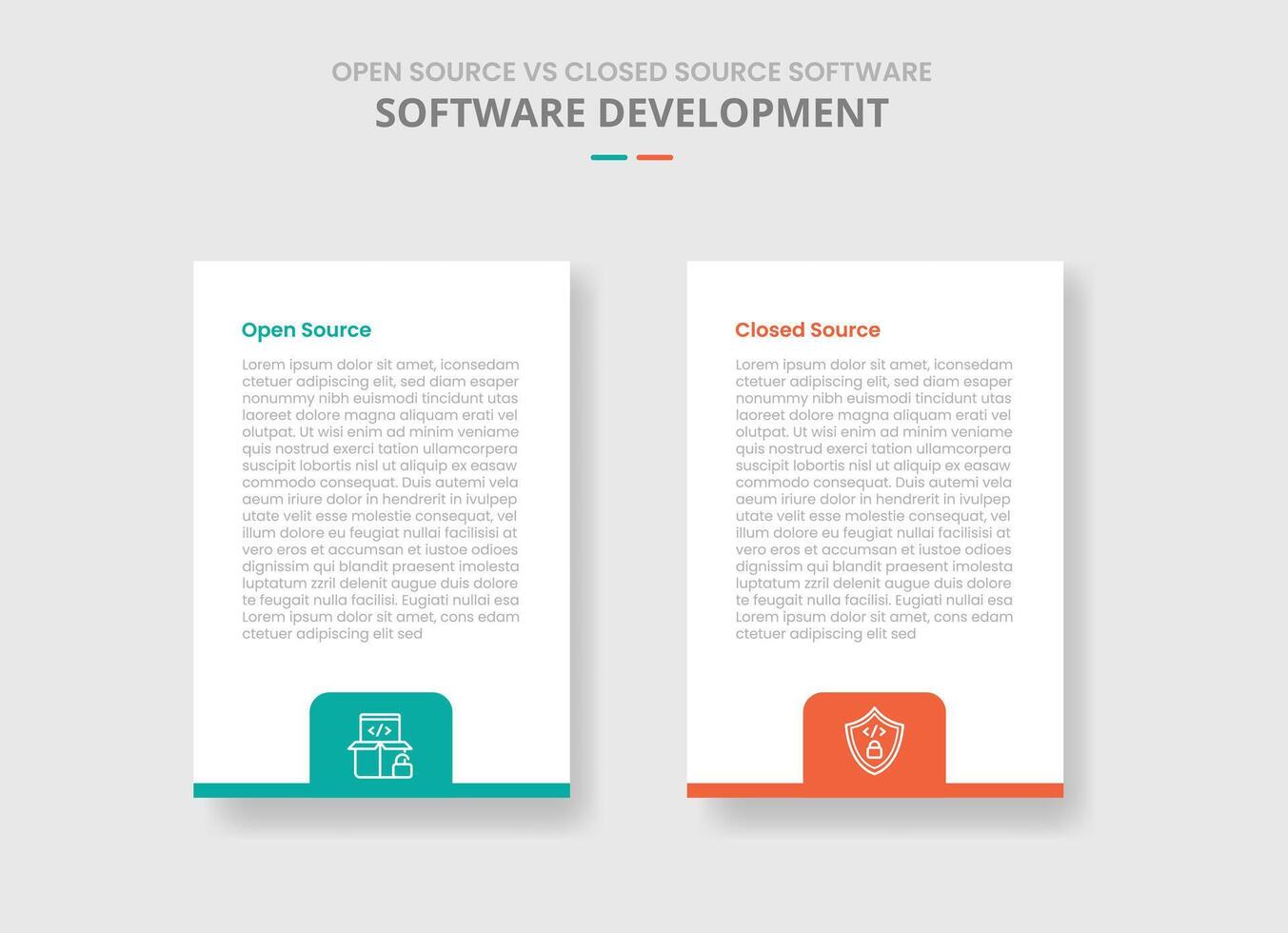 open source vs closed source software comparison for infographic with drop shadow style with vertical box with badge on bottom two point list information vector