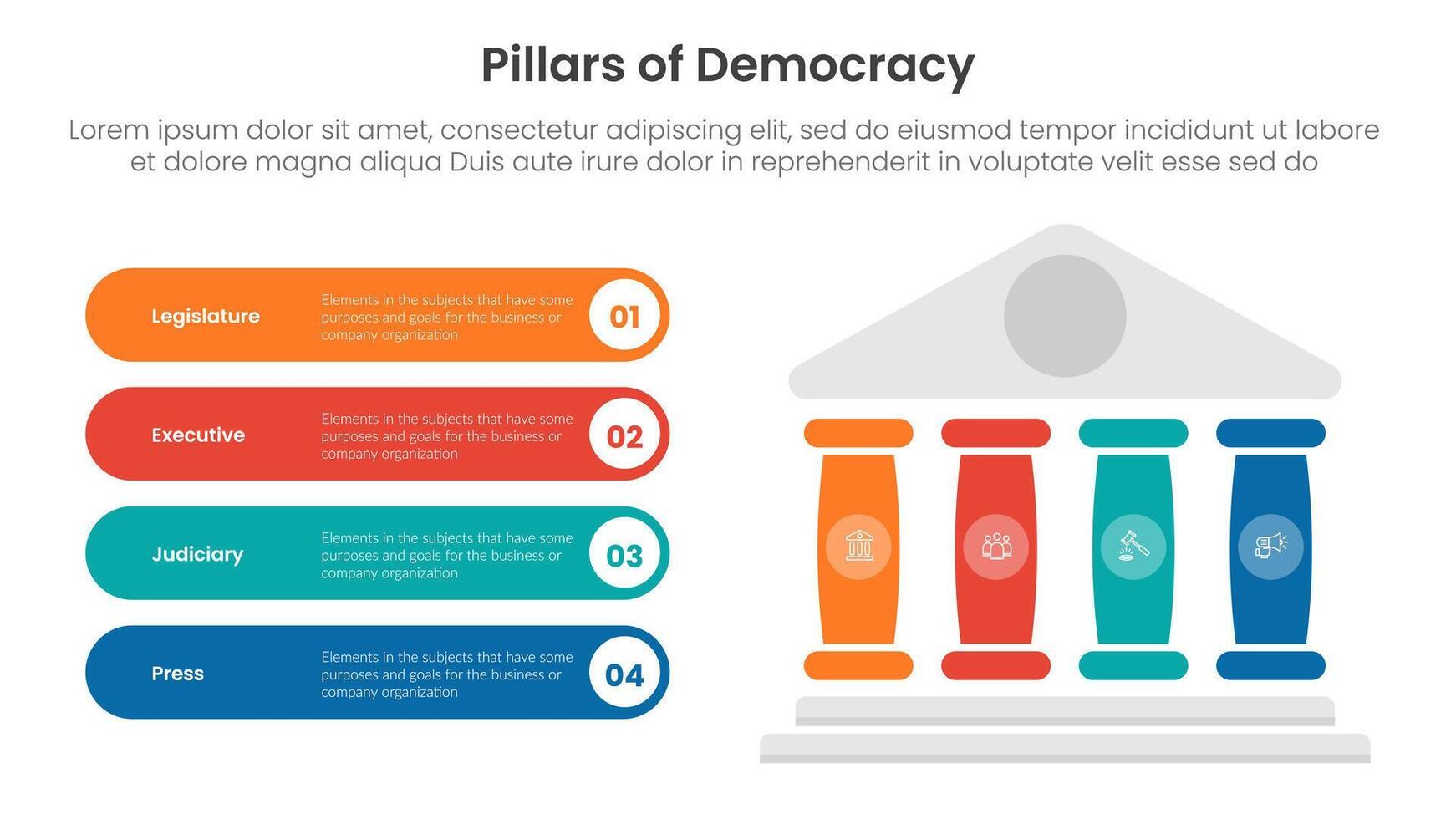 4 pillars democracy infographic template banner with right pillars and round rectangle description box for slide presentation vector
