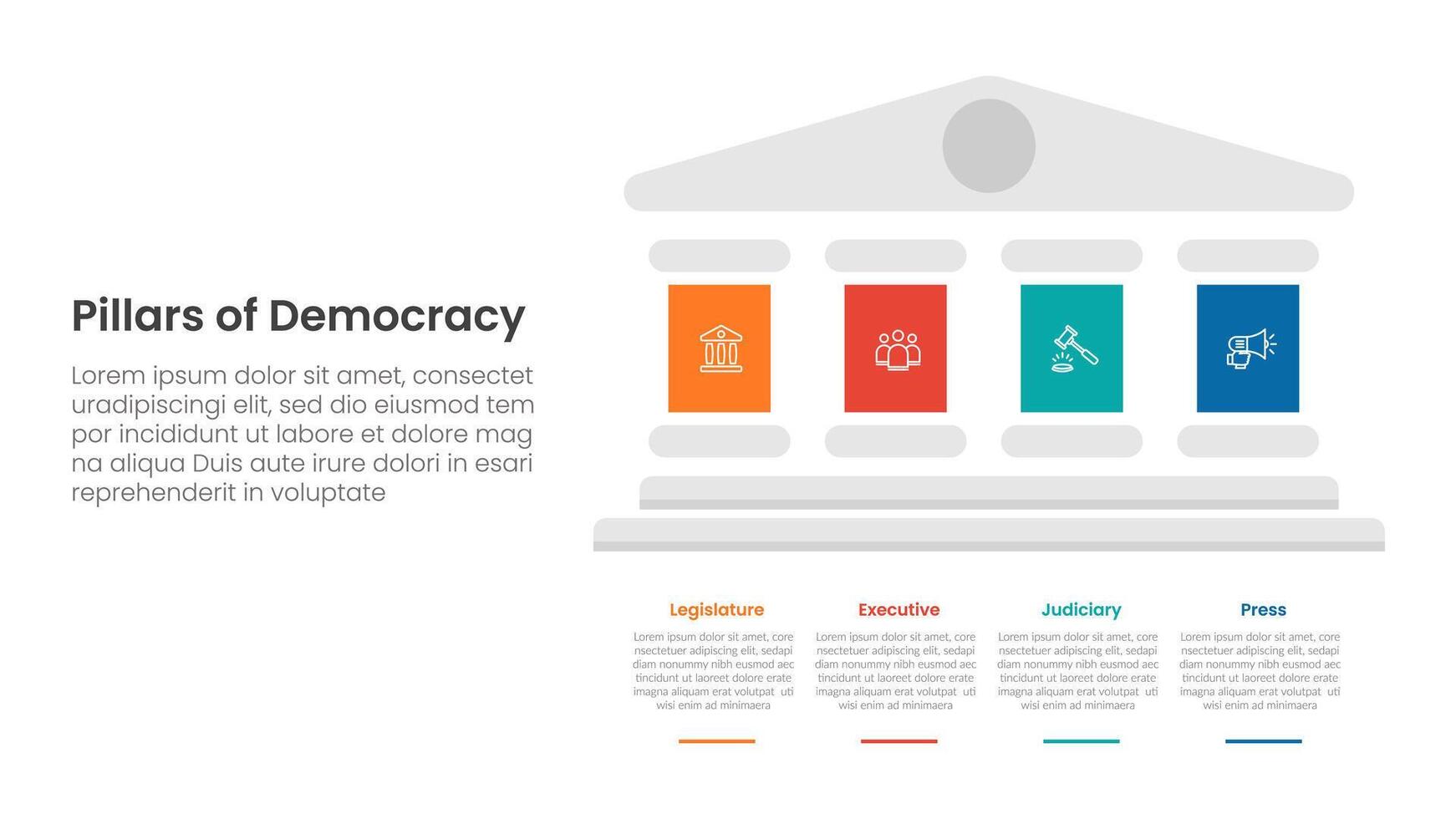 4 pillars democracy infographic template banner with big pillars on right column side for slide presentation vector