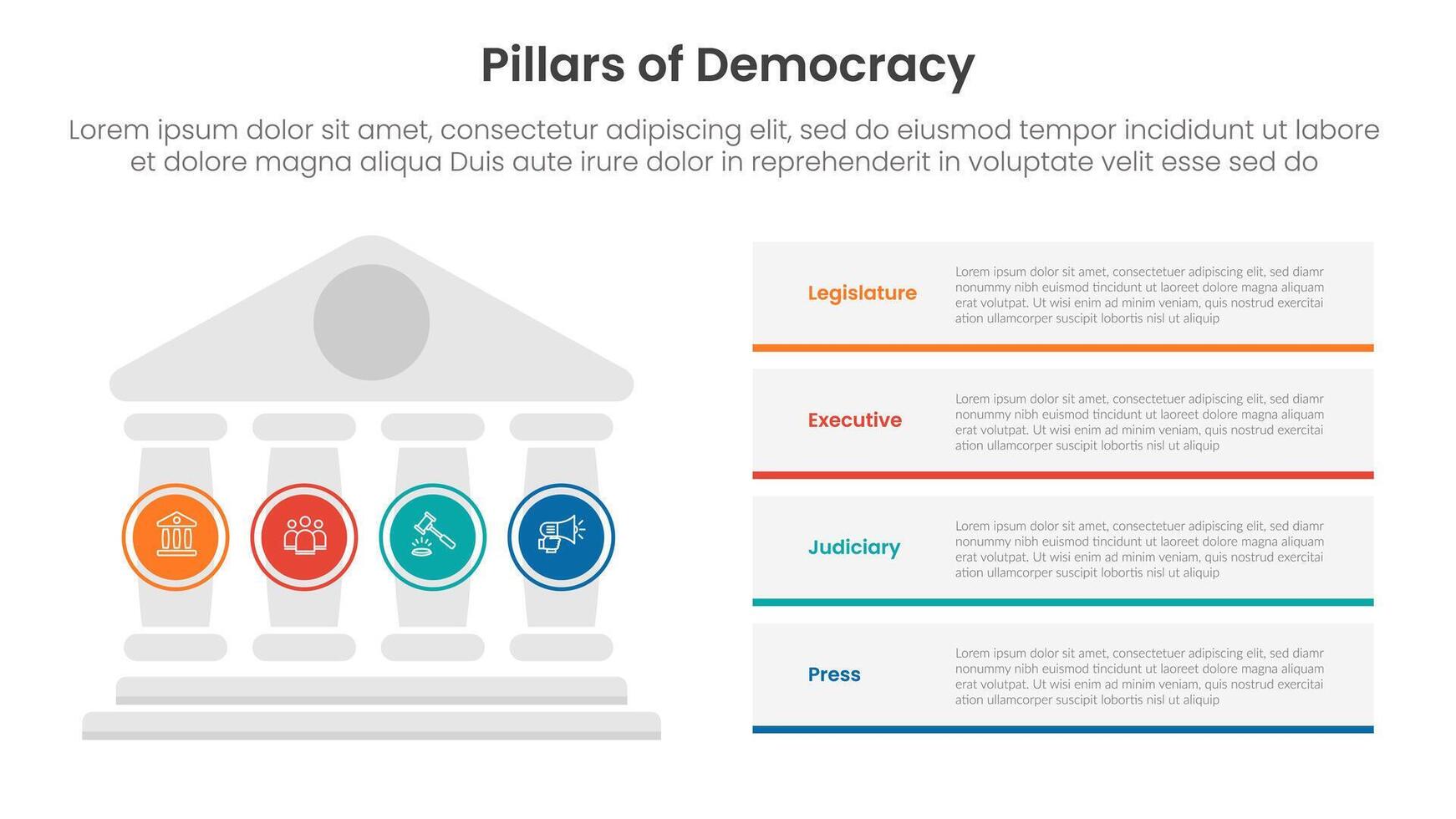 4 pillars democracy infographic template banner with pillars on left and rectangle box stack for slide presentation vector
