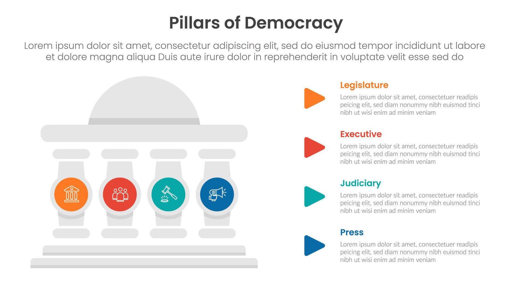 4 pillars democracy infographic template banner with round building and circle pillar badge for slide presentation vector
