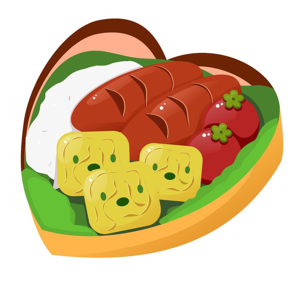 Bento with rice, tomato, sausage, and egg roll vector