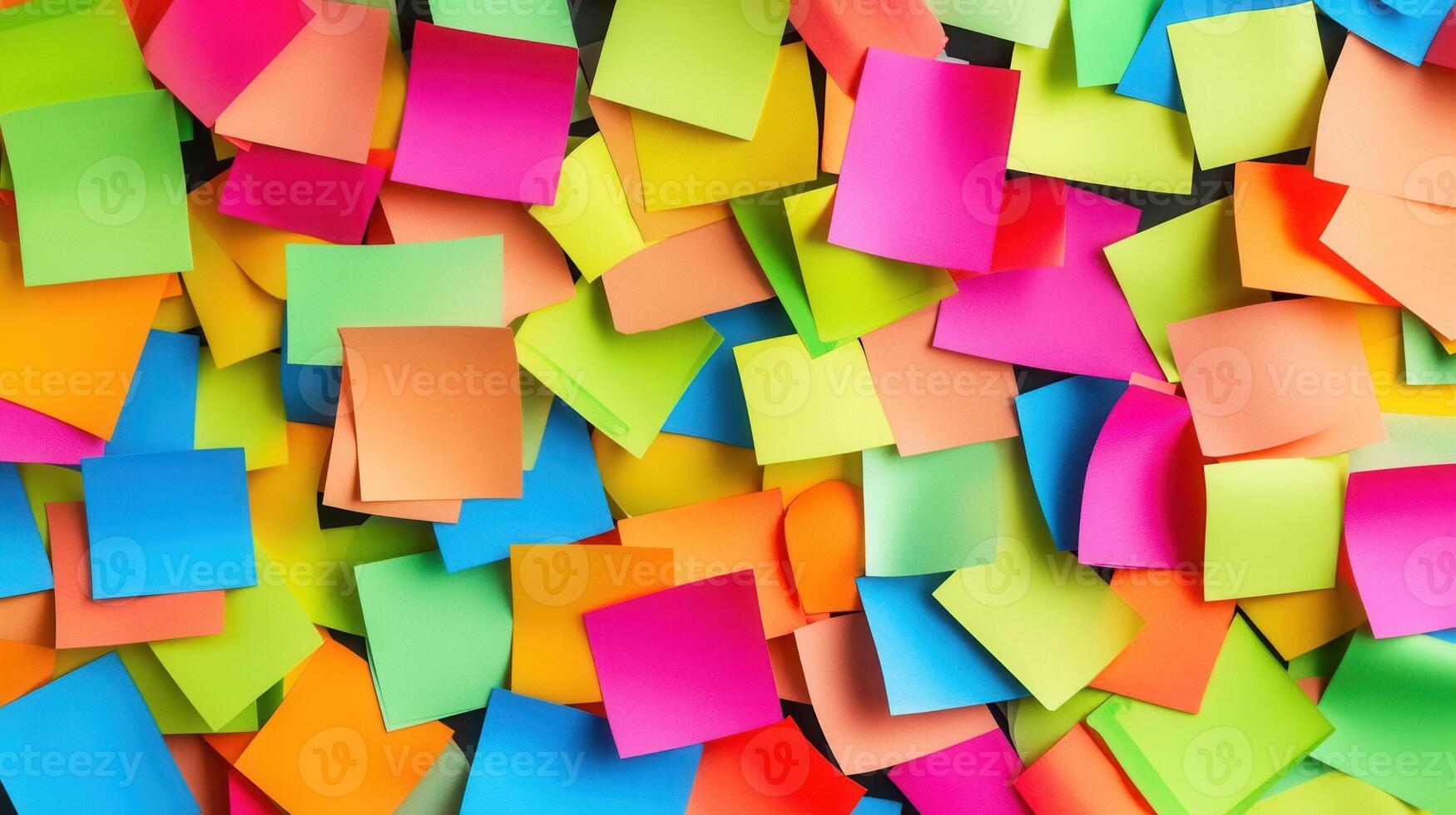 Many colorful sticky notes are arranged on a wall photo