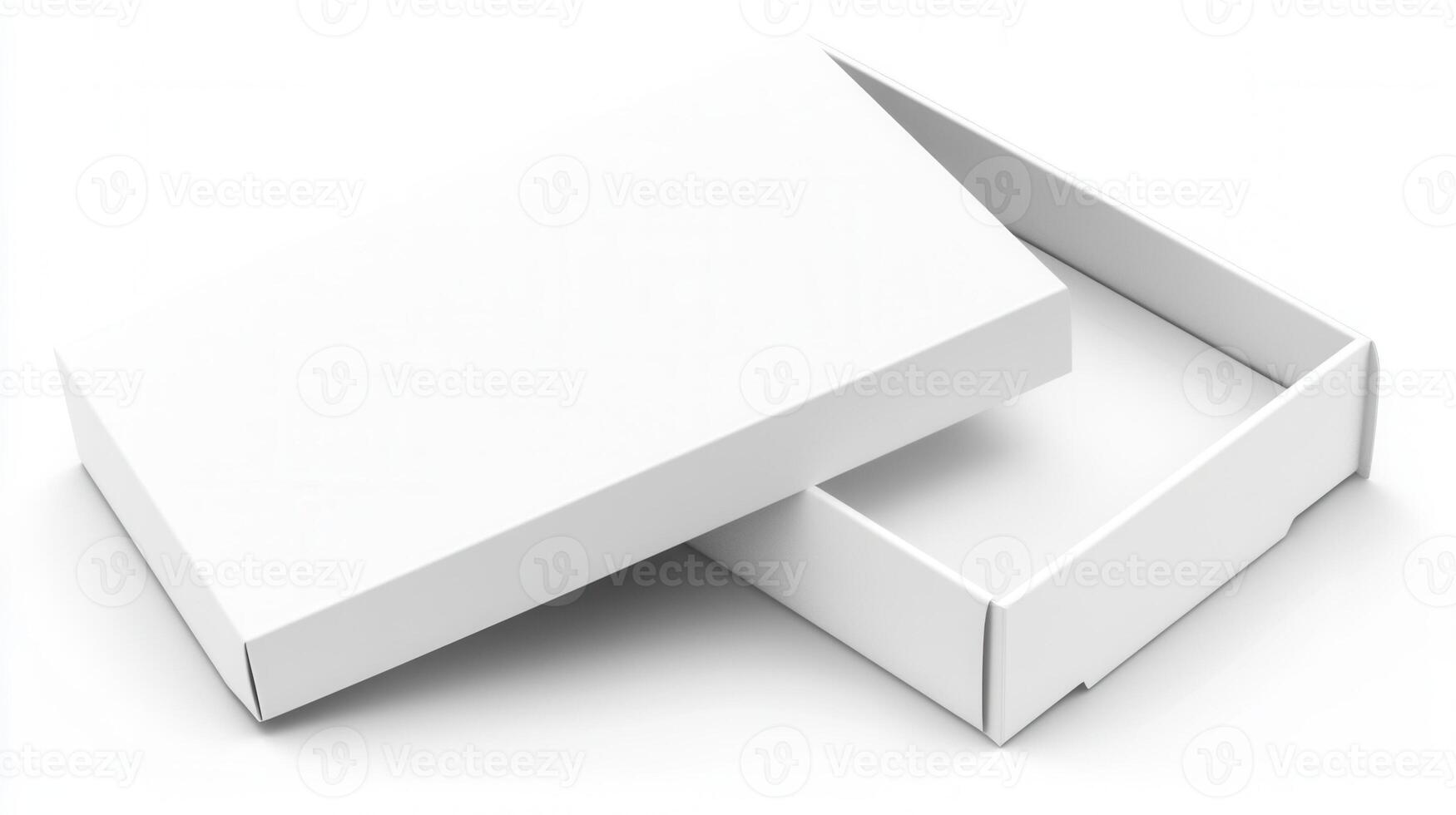 White box with lid open on a white surface photo