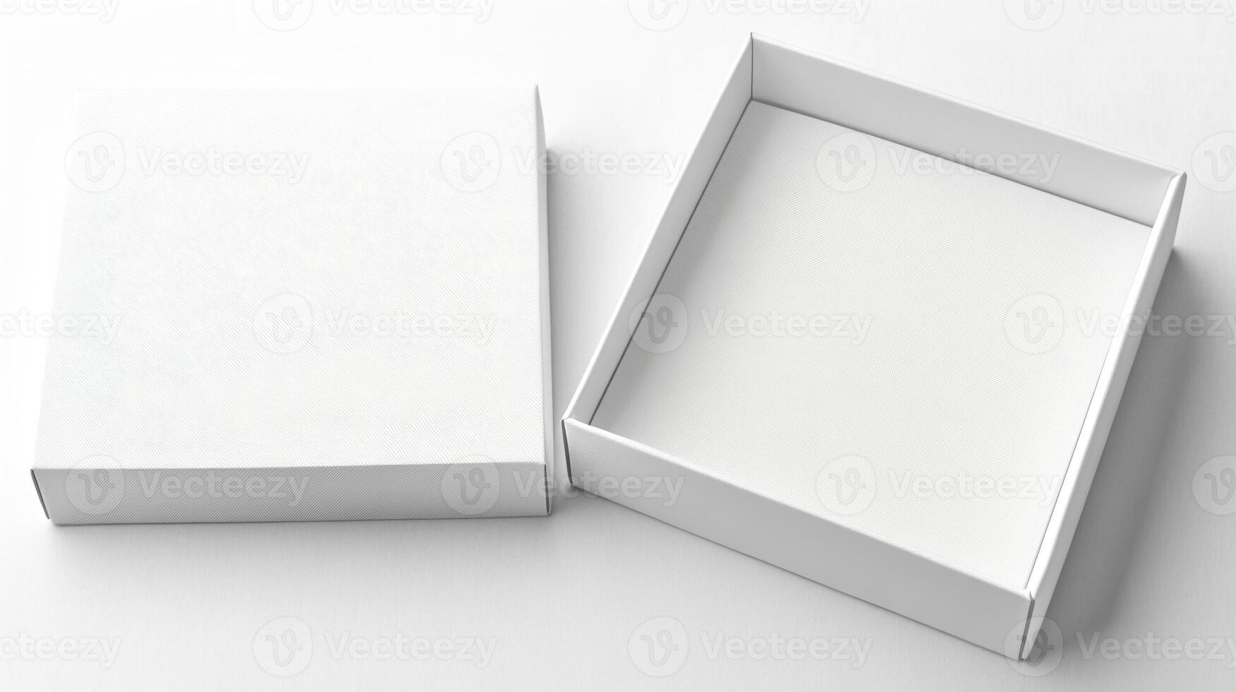 Open white box with blank paper on white background photo
