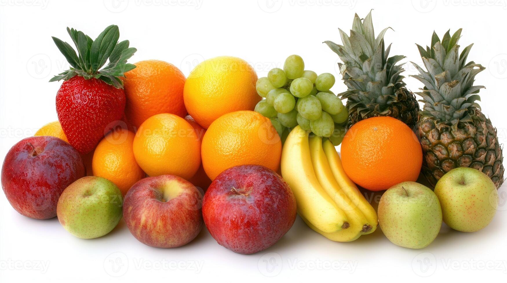 A group of fruits including apples, oranges, bananas, strawberries, and pineapple photo