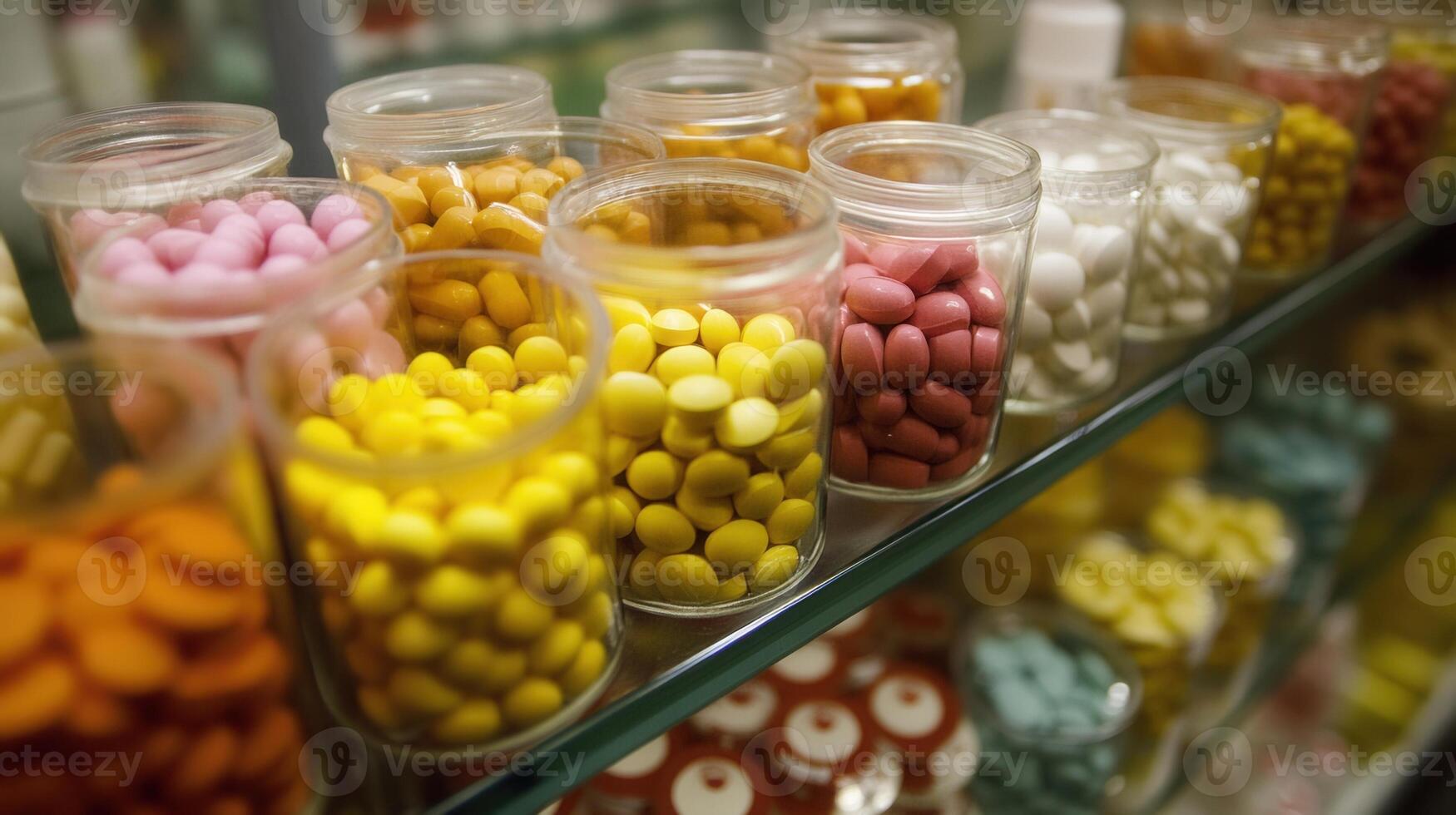 Many different types of pills are on display in jars photo