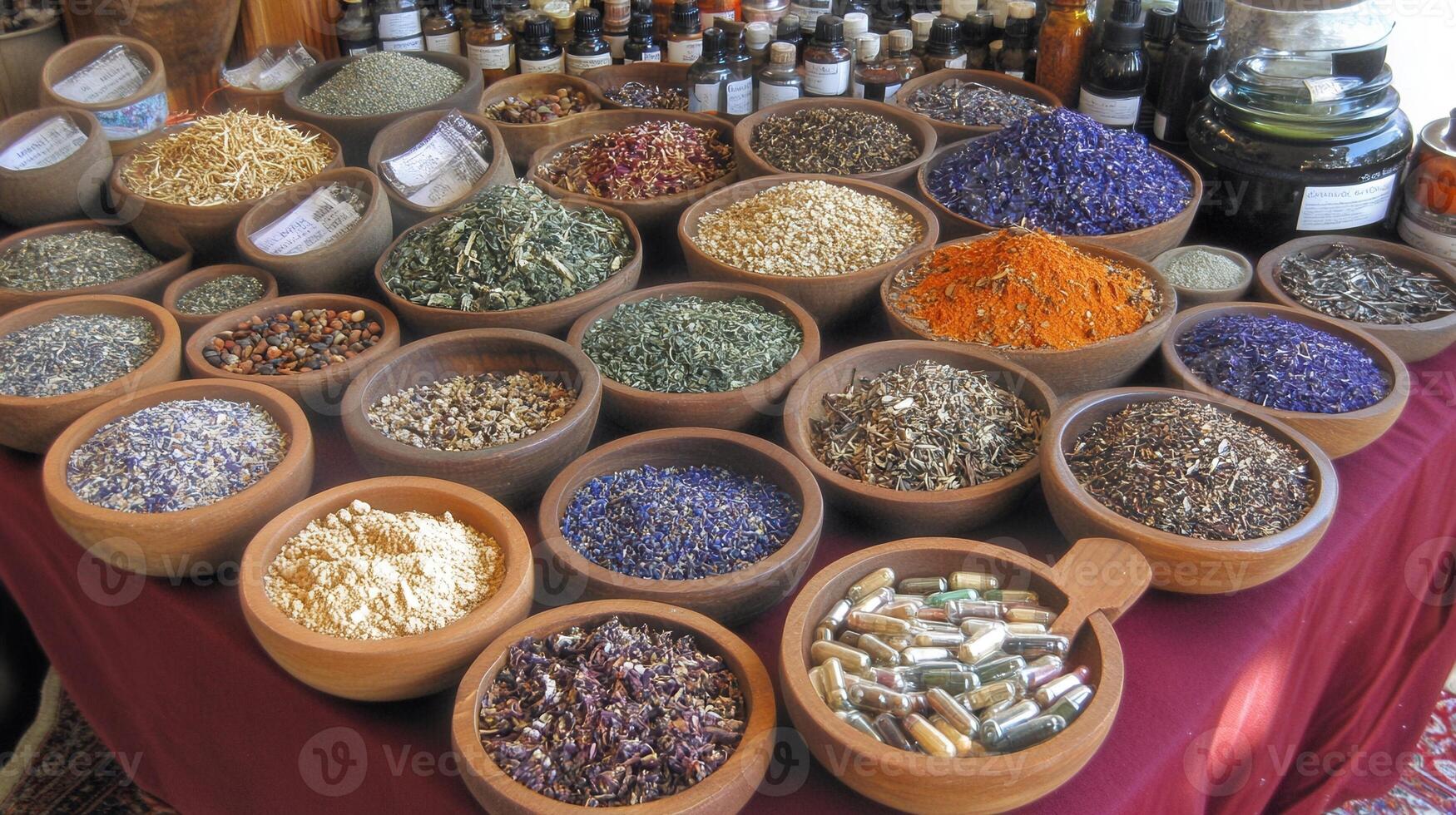 A table filled with many different types of herbs and spices photo