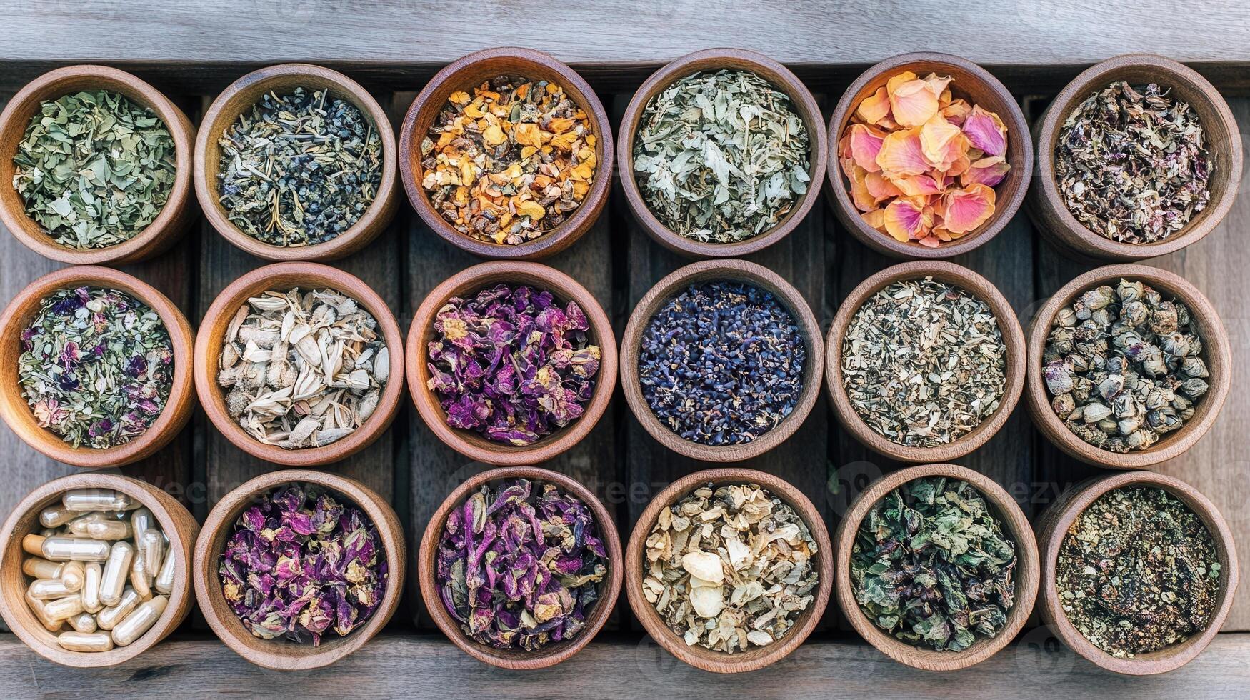 Many different types of herbs in small bowls photo