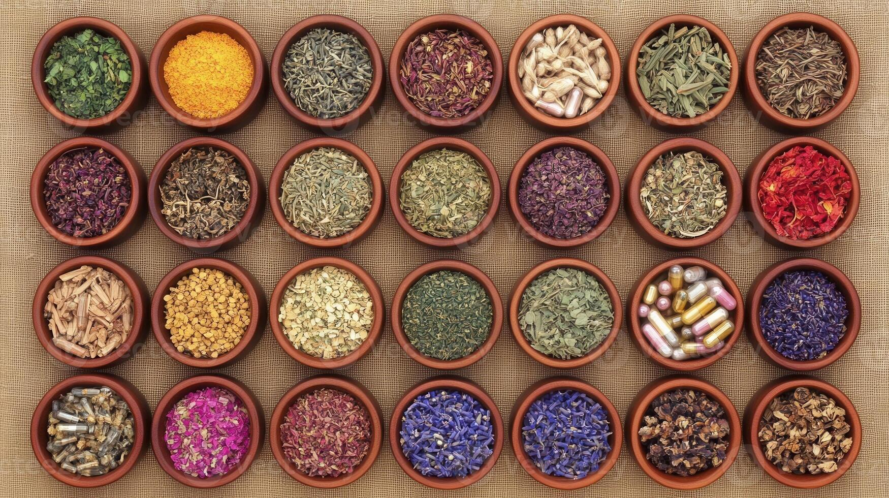 A collection of different herbs and spices in bowls photo