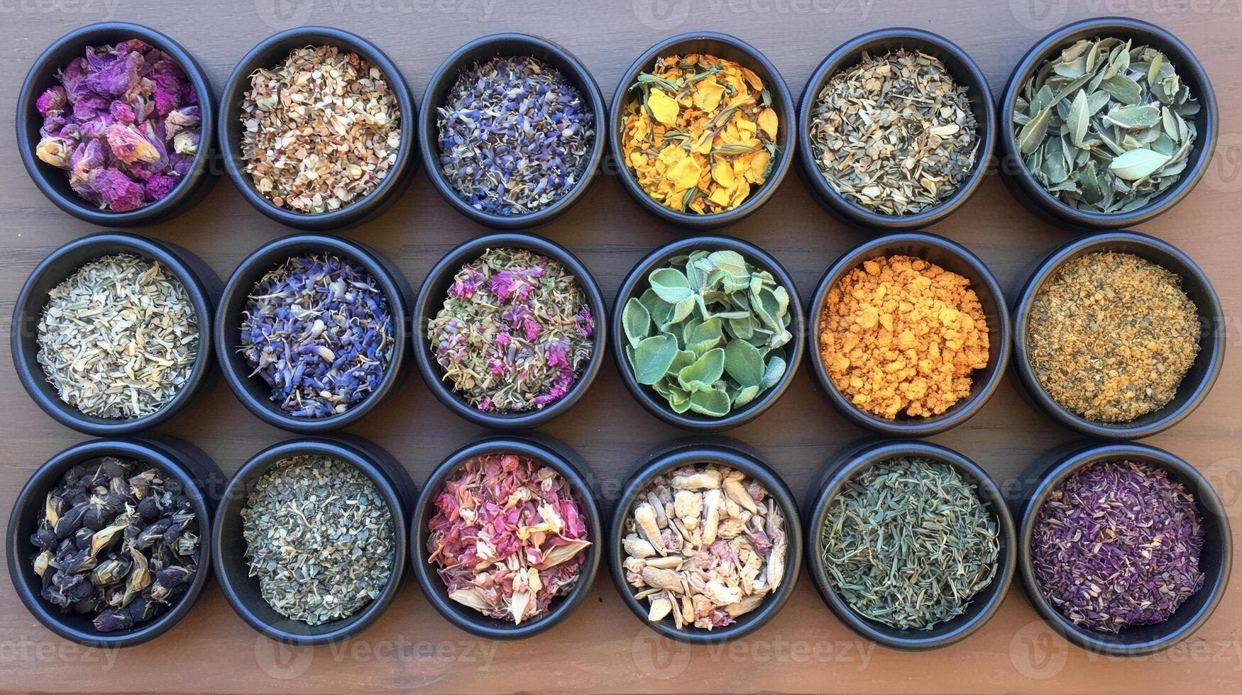 A variety of herbs and spices in black bowls photo