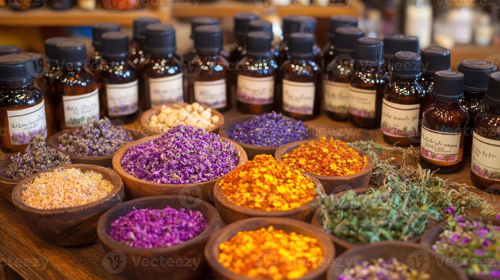 Many different types of herbs and oils are displayed in bowls photo