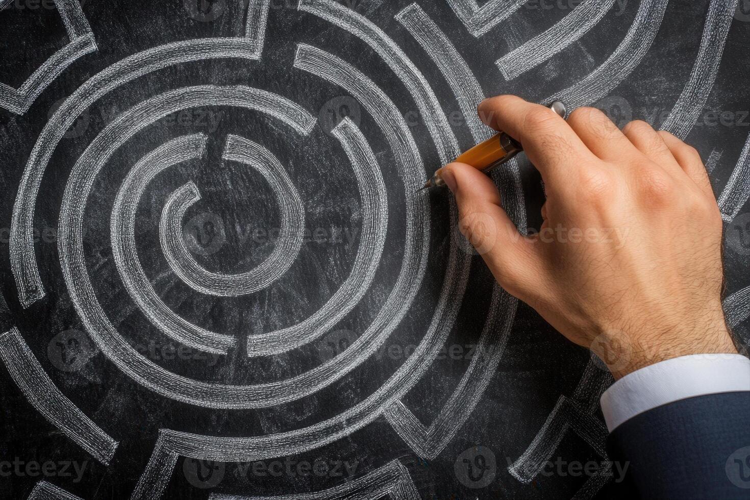 A man in a suit is drawing a maze on a blackboard photo