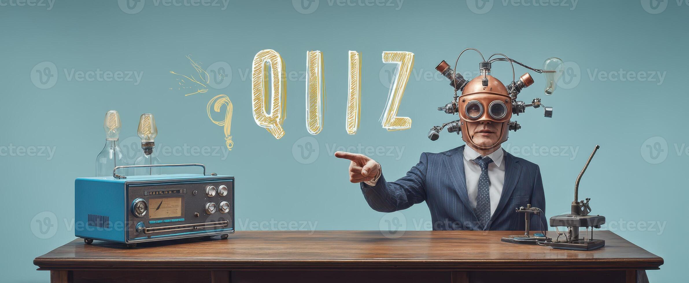 The quirky businessman with an innovative quiz-inspired headgear concept. photo