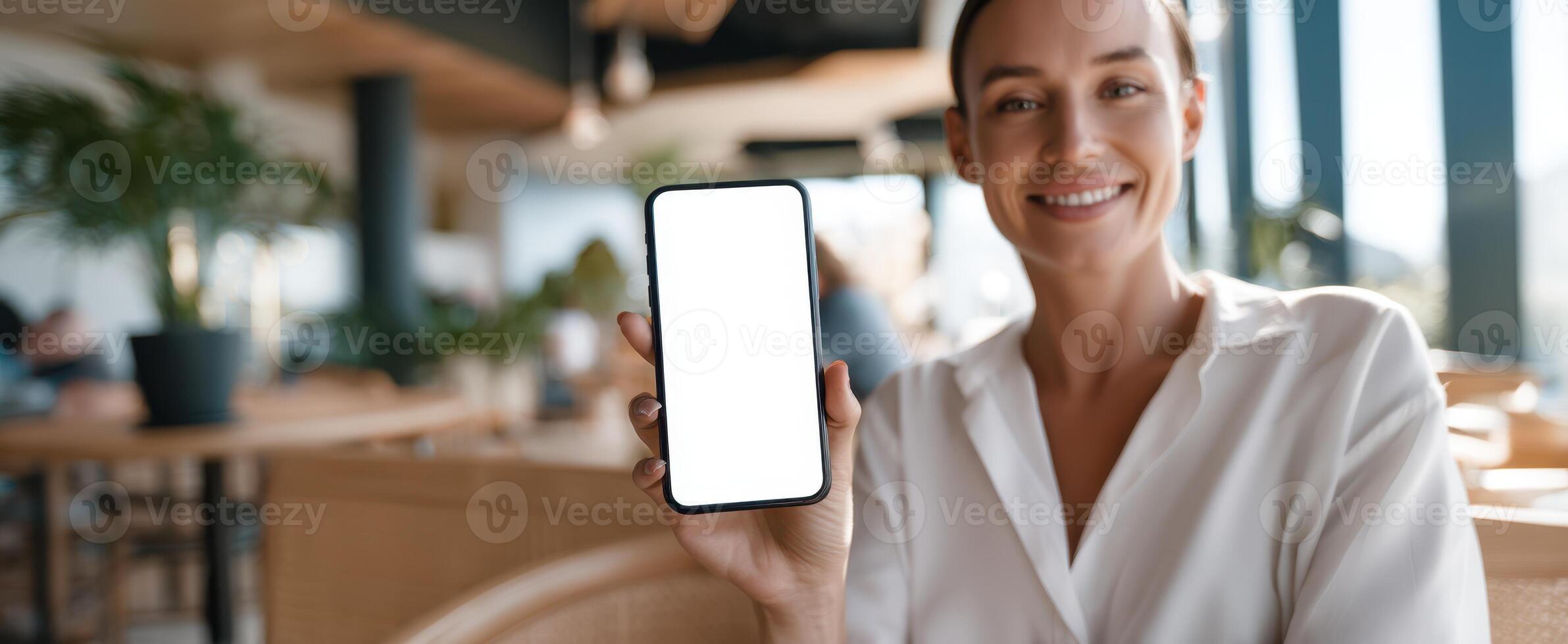 The smiling woman showcasing a smartphone in a modern cafe setting. photo