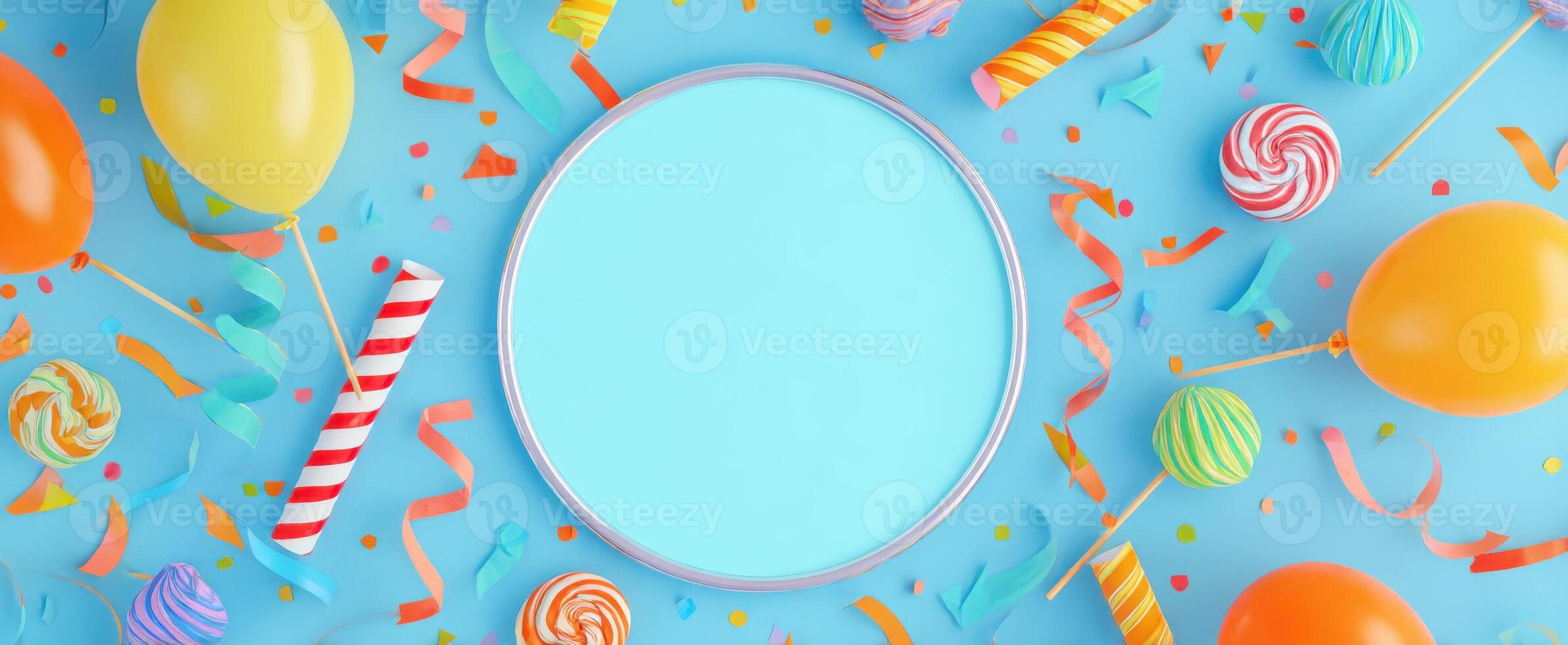 The playful party setup featuring candies and balloons on a bright blue background. photo