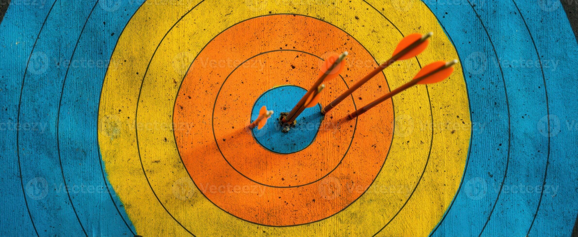 The arrows hitting the target in a vibrant archery practice scene. photo