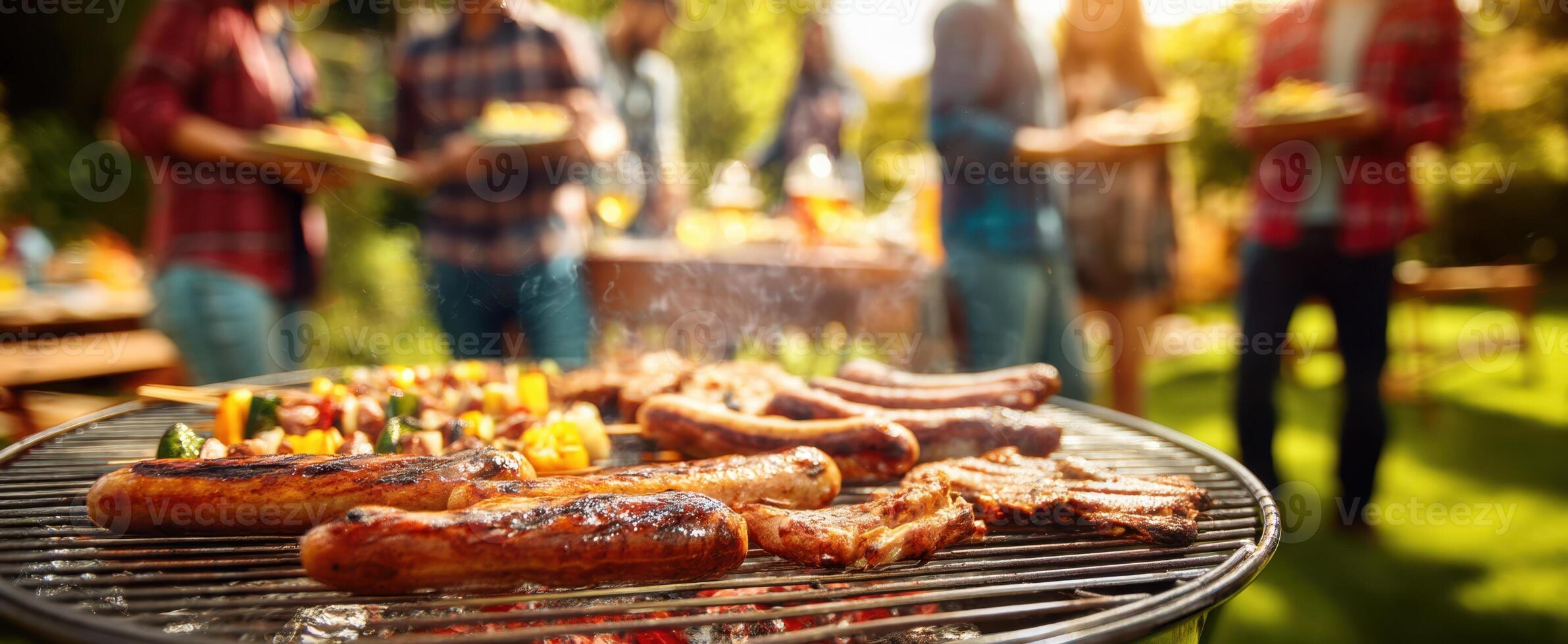 The vibrant barbecue scene with friends enjoying grilled sausages and vegetables. photo