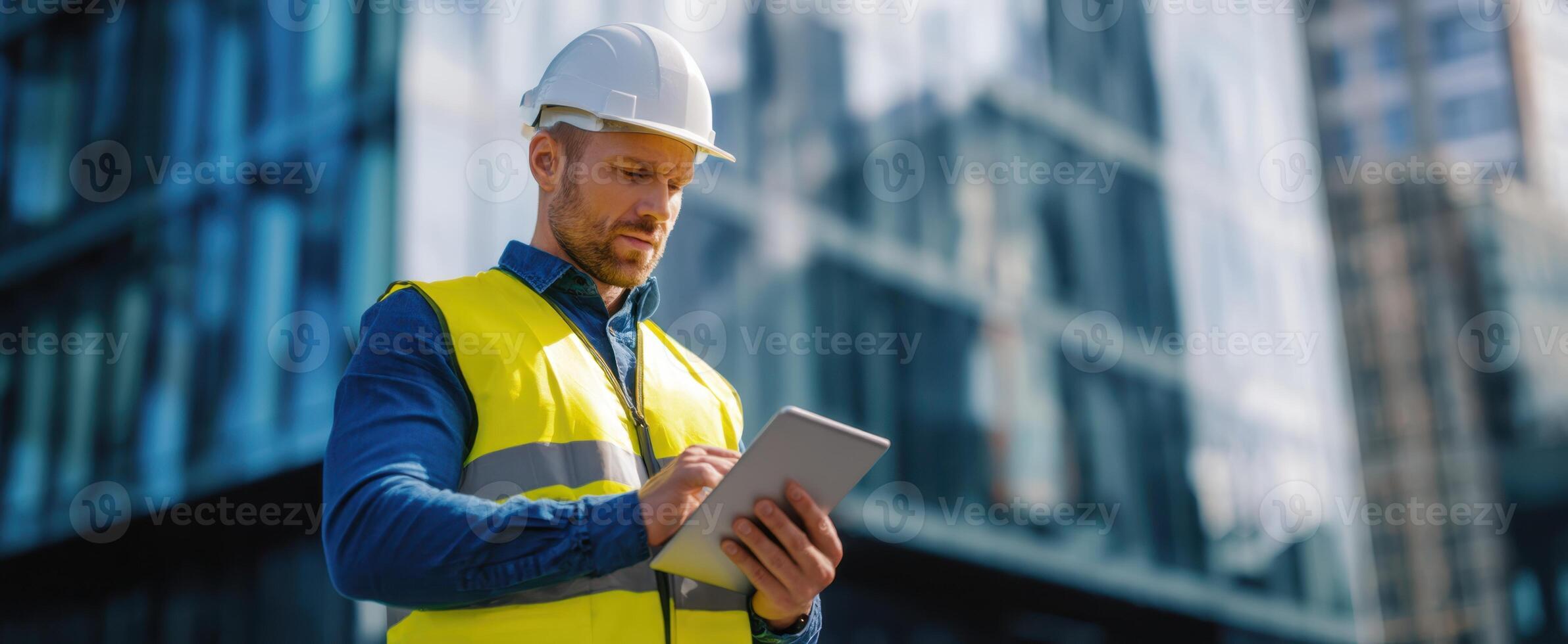 The construction worker using a tablet at a modern building site. photo