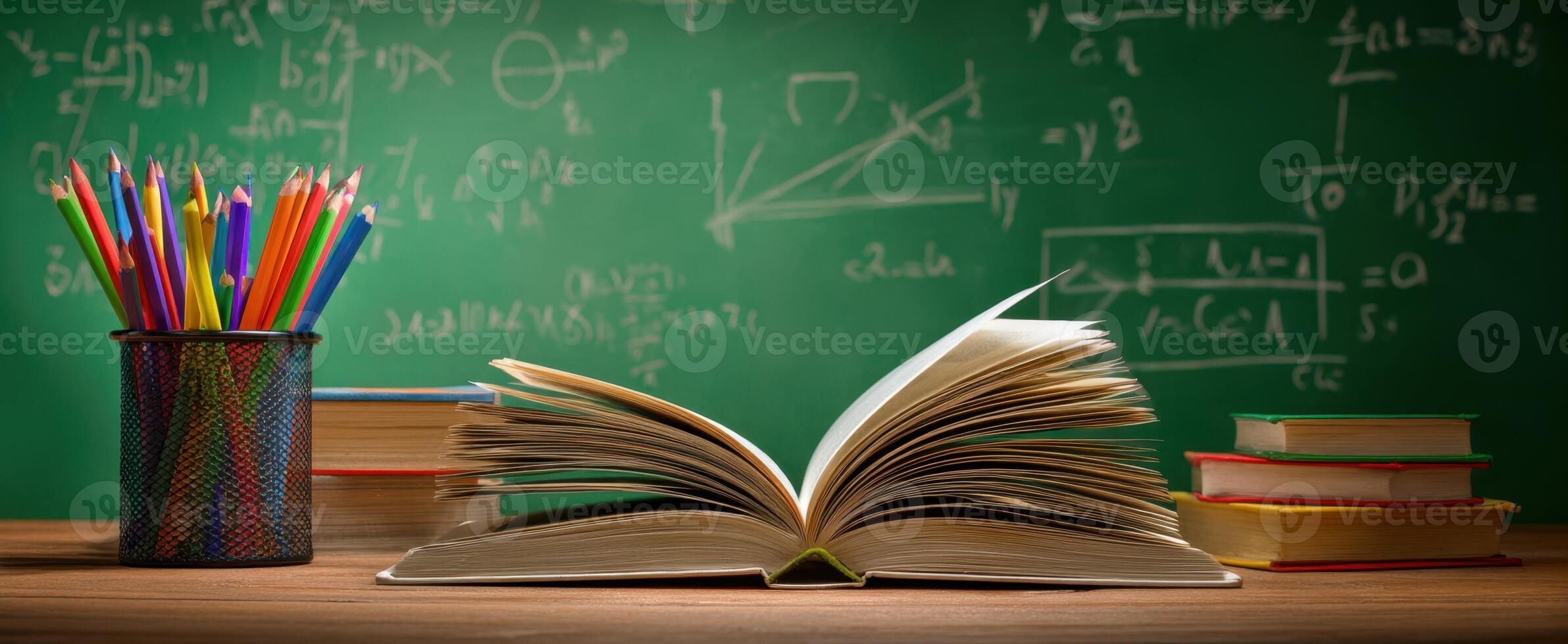 The open book surrounded by colorful stationery on a classroom desk. photo