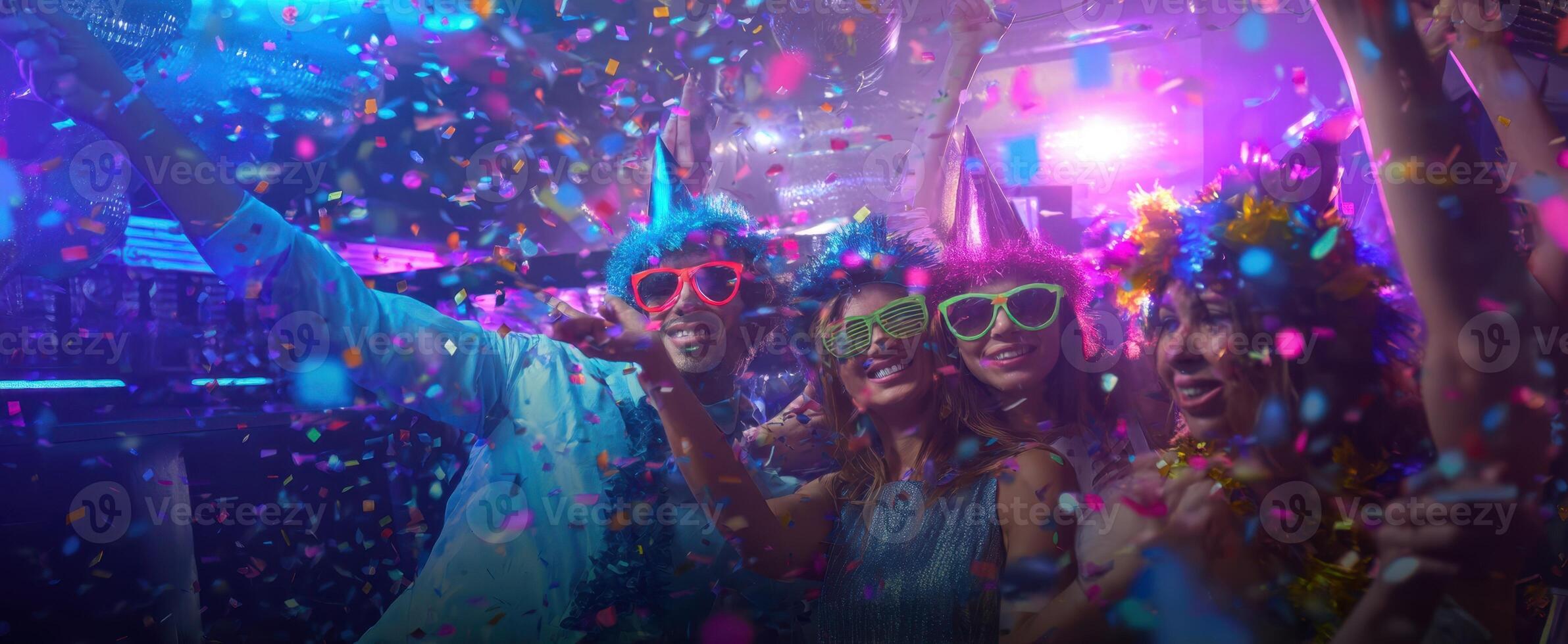 The festive group celebrating with confetti and vibrant colors at a party scene. photo